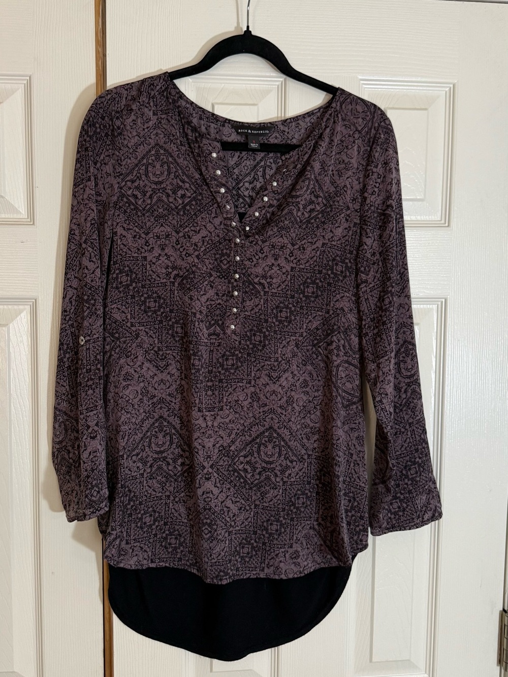Rock & Republic Boho Studded High Low Blouse Top Purple Black Small